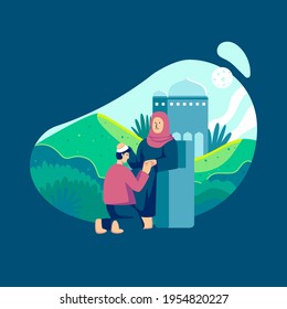 Cheeful ramadan kareem background, illustration with nature scene, hill and mosque flat illustration