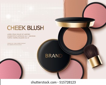 Cheek blush ads, 3d illustration blush compact with its colorful texture on the background
