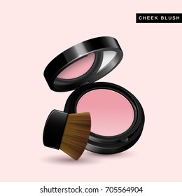 Cheek blush mockup, close up look at makeup product in 3d illustration isolated on pink background