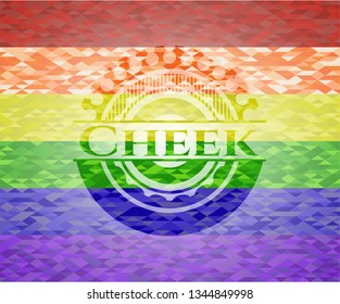 Cheek emblem on mosaic background with the colors of the LGBT flag