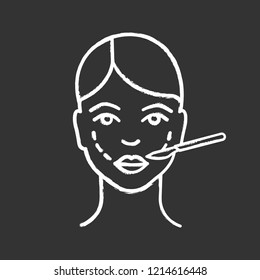 Cheek lift surgery chalk icon. Cheek augmentation implants. Plastic surgery. Surgical facial rejuvenation. Facelift surgical procedure. Isolated vector chalkboard illustration