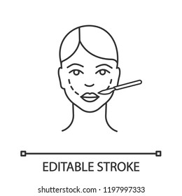 Cheek lift surgery linear icon. Cheek augmentation implants. Thin line illustration. Plastic surgery. Facelift surgical procedure. Contour symbol. Vector isolated outline drawing. Editable stroke
