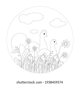 Cheek and rooster in grass round monochrome banner. Flower leaves art nature design element stock vector illustration for web, for print