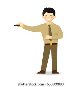 Cheeky asian man in business suit posing. Teacher or couch.