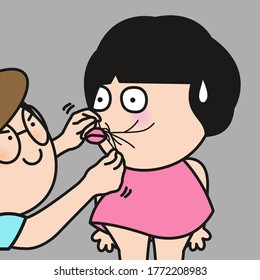 Cheeky Boy Tying Grumpy Girl's Mouth To Stop Her Complaining. Couple In Quarrel Concept Card Character illustration