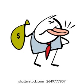 Cheeky businessman has earned a lot of money, sticking out his tongue and teasing. Vector illustration of a man in a bank holding a bag of cash and laughing at his competitors.