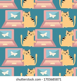 Cheeky cartoon cat and laptop vector seamless pattern background. Ginger kitty next to computer on pink blue backdrop. Hand drawn fun design. All over print for working from home with pets concept.