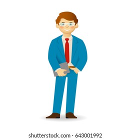 Cheeky caucasian man in business suit posing. Holding gadget or book.