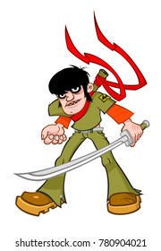 A cheeky fellow with a sword. The character is isolated on a white background. Vector illustration in a flat style. A brand character for a game or emblem. Sports or corporate mascot.