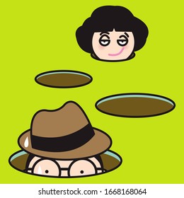 Cheeky Girl Finally Found Her Lover Boy Who Hiding In The Hole. Hide And Seek. Married Couple Life Concept Card Character illustration