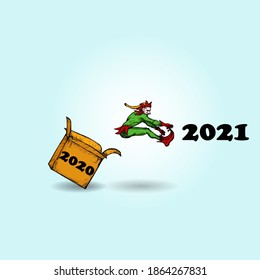 A cheeky gnome escaping from a box with the number 2020 into 2021 for the New Year concept: getting out of the box for New Year 2021. Hand drawn vector illustration.
