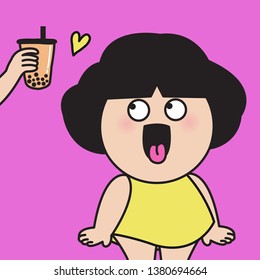 A Cheeky Happy Girl Sticking Tongue Out With A Moment Someone Giving Her A Cup Of Bubble Milk Tea. Satisfaction, Soothing And Other Yummy Sensations Concept Card Character illustration