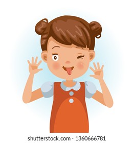 Cheeky little girl smiling and sticking his fingers in his ears and pulling a funny face. Cartoon character vector illustration isolated on white background.