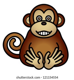 A cheeky monkey grinning and sitting on his hands.
