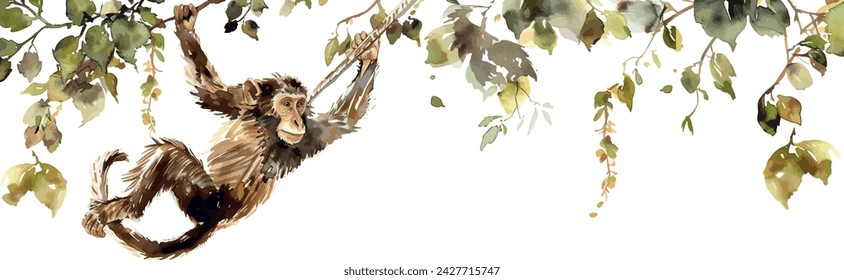 A cheeky monkey swinging from a vine, its movements a dance of watercolor shadows, animals, watercolor style, white background, with copy space