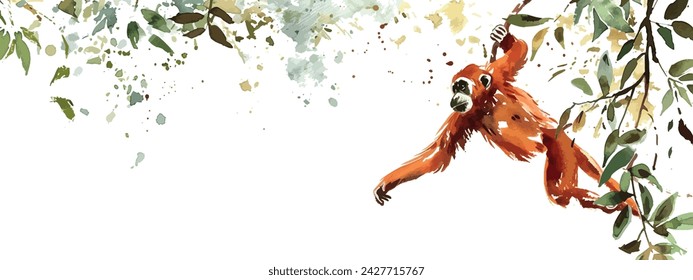 A cheeky monkey swinging from a vine, its movements a dance of watercolor shadows, animals, watercolor style, white background, with copy space