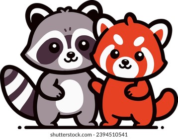 Cheeky raccoon and red panda, cute vector