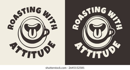 Ilustração de café retro atrevido com tipografia arrojada e ilustração de xícara brincalhona expressando personalidade torrada rebelde.