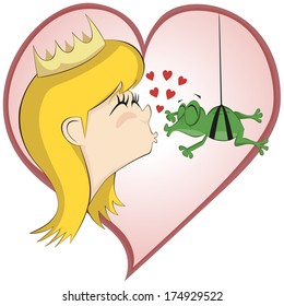 Cheeky, wannabe-prince frog hanging on a rope wants to kiss a pretty blonde princess