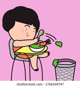 Cheeky Woman Sitting In A Toddler Chair Throwing Healthy Veggies In Trash Concept Card Character Illustration