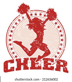 Cheer Design - Vintage is an illustration of a cheer design in a vintage style with a cheerleader silhouette, circle of stars and sunburst pattern.