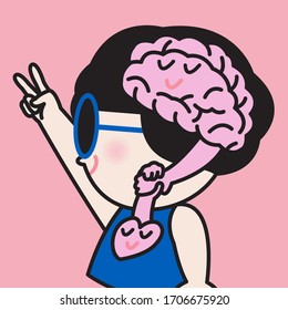 Cheer Up Girl Showing Number Two Hand Sign While Her Brain And Heart Holding Each Other Hands Concept Card Character illustration