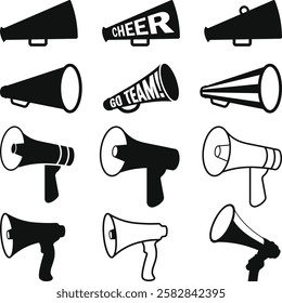 Cheer Horn Set Silhouette. Cheer Megaphone Icon SVG''. Cheerleading horn animated icon. Megaphone Bundle. Sports Cheers Vector.