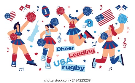 Cheer leading Usa girls dancers figure vector illustration isolated. Sport support. High school, college formation. Gymnastic legs apart pose perform. Energy dance fan smiling.
