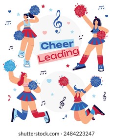 Cheer leading Usa girls dancers figure vector illustration isolated. Sport support. High school, college formation. Gymnastic legs apart pose perform. Energy dance fan smiling.