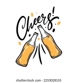 Cheer lettering text and beer bottles hand drawn vector art illustration isolated on white background.