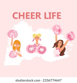 Cheer life . Cheerleader girls with pink pompoms dancing to support football team during competition. Vector illustration on textured background.