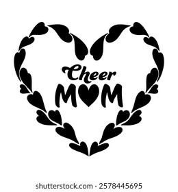 Cheer Mom phrase vector graphics with stylized lettering in a heart frame, symbolizing cheerleading pride. Perfect for custom apparel, decals, and merchandise celebrating supportive proud cheer moms