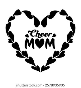 Cheer Mom phrase vector graphics with stylized lettering in a heart frame, symbolizing cheerleading pride. Perfect for custom apparel, decals, and merchandise celebrating supportive proud cheer moms