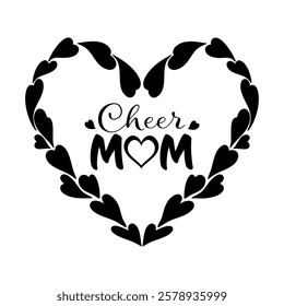 Cheer Mom phrase vector graphics with stylized lettering in a heart frame, symbolizing cheerleading pride. Perfect for custom apparel, decals, and merchandise celebrating supportive proud cheer moms