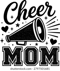 Cheer Mom Typography Design With Megaphone Hearts Stars And Varsity Lettering