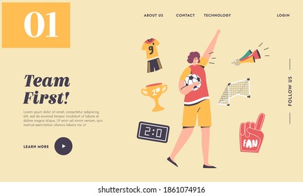 Cheer on Sport Match League Landing Page Template. Football Fan Girl Cheering for Team Victory and Success. Female Character with Soccer Ball and Attribution Rejoice. Linear Vector Illustration