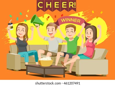 Cheer sport in home. Party with friend or family. People excited While Watching television.  