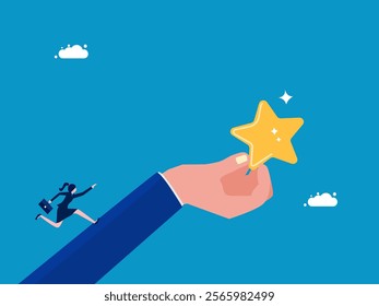 Cheer success or achievement. Businesswoman running up to the star on the giant hand