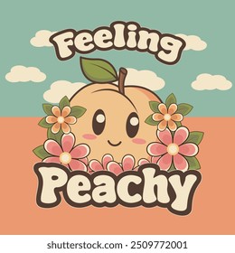 "Cheer up with this cute 'Feeling Peachy' T-shirt featuring a smiling peach and flowers. Perfect for casual wear or as a fun, uplifting gift. A delightful design for peach lovers and kawaii fans