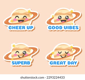 Cheer up, good vibes, superb and great day stickers set. Cute planet and star with text vector illustration. Flat design