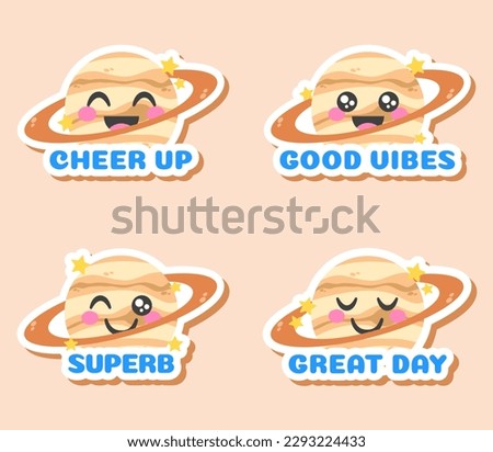 Cheer up, good vibes, superb and great day stickers set. Cute planet and star with text vector illustration. Flat design