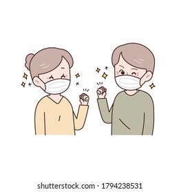 cheer up! Masked grandmother and grandfather cheering for you