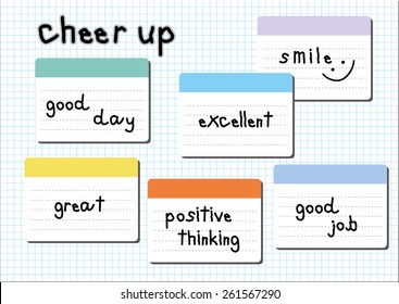 cheer up wording on colorful note paper on graph paper sheet background template vector