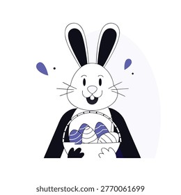 Cheerfu easter bunny with basket full of painted eggs, flat vector art.