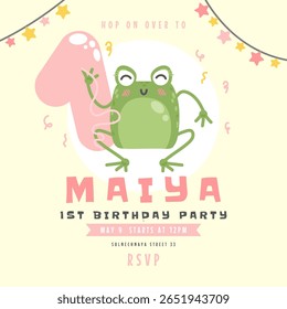 Cheerful 1st birthday invitation with a smiling frog, big balloon, and festive garlands. Cute cartoon style in pastel tones, perfect for decorating a kids party.