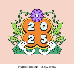 Cheerful 2025 Halloween Pumpkin Surrounded by Vines and a Purple Flower