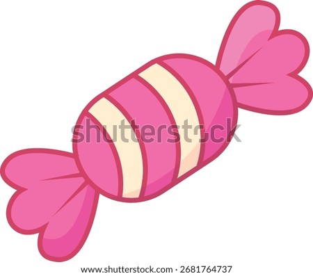 A cheerful 2D icon of a pink and cream striped candy, wrapped with twisted ends.