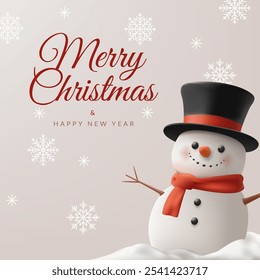 A cheerful 3D Christmas banner featuring a cute snowman character with a hat, surrounded by festive elements like snowflakes and a tree. Perfect for winter greetings, social media, or posters. Not AI