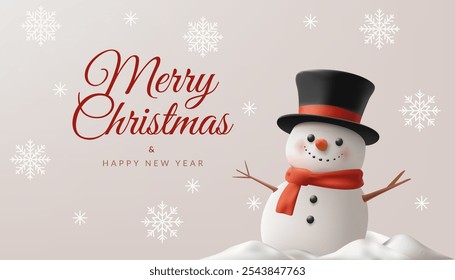 A cheerful 3D Christmas banner featuring a cute snowman character with a hat, surrounded by festive elements like snowflakes and a tree. Perfect for winter greetings, social media, or posters. Not AI