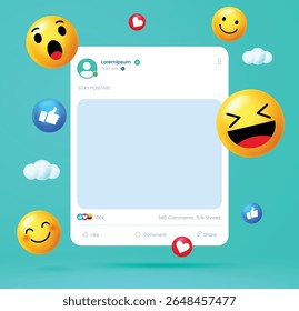  Cheerful 3D emojis and social icons in a social media post layout with clouds and bright teal background. Perfect for digital engagement, fun content, and marketing visuals.